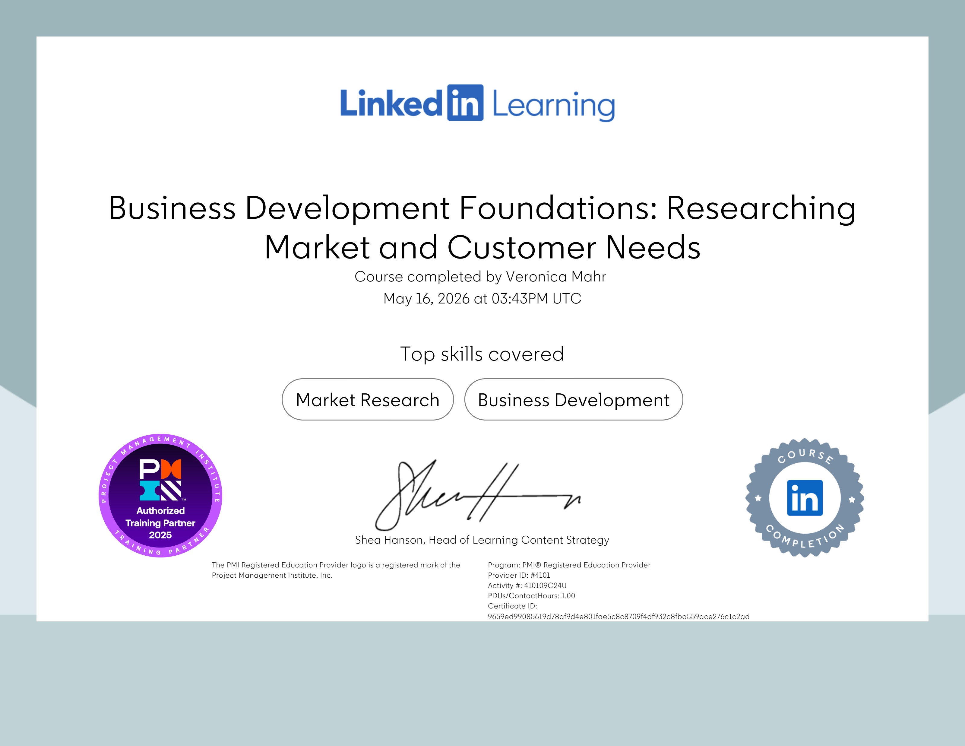 Business Development Foundations: Researching Market & Customer Needs — certificate of completion