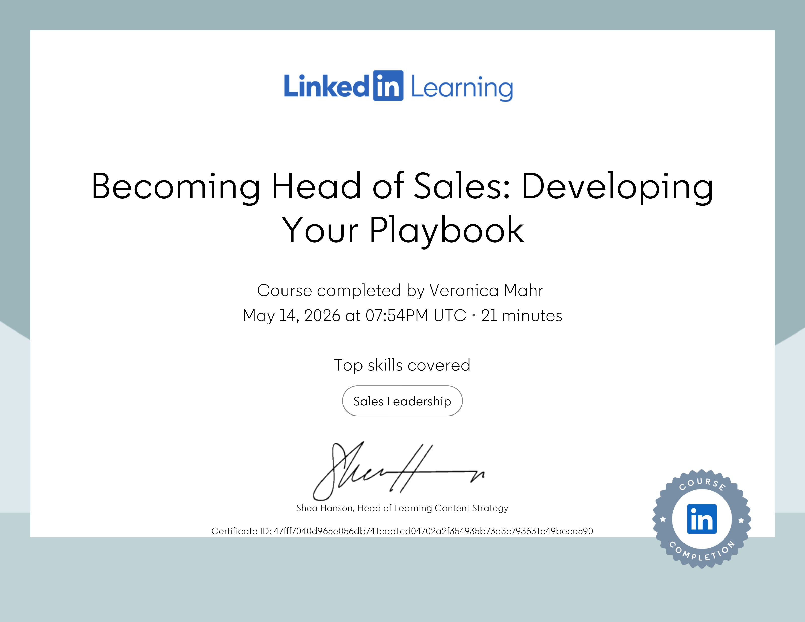 Becoming Head of Sales: Developing Your Playbook — certificate of completion